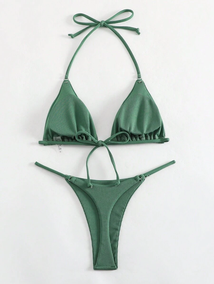 Swim Mod Summer Beach Women's Solid Color Bikini Set - Green - View 1