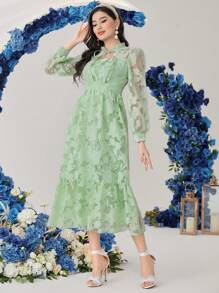 Modelyn Đầm dạ hội dài buộc cổ Jacquard cho nữ - màu xanh lá - Xem 5