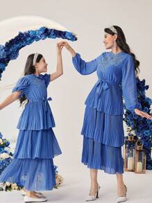 Modelyn Solid Color Stand Collar Lantern Sleeve Dress Fall Cloth For Women - Blue - View 1