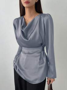 DAZY Của phụ nữ Màu thuần Tay áo dài Áo sơ mi Với Áo cổ bò - Màu xanh lam - Xem 4