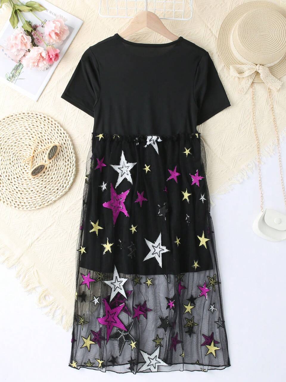 Tween Girls' Casual Streetwear Style Mesh Dress With Letter Print, Star Sequin And Patchwork Design