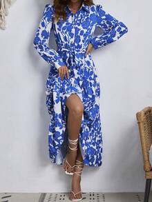 SHEIN VCAY Của phụ nữ In hoa Váy sơ mi , Tay áo dài - Màu xanh lam - Xem 6