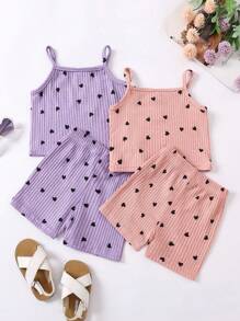 SHEIN Young Girl Valentine's Day Heart Printed Cami Top & Casual Shorts Set - Multicolor - View 2