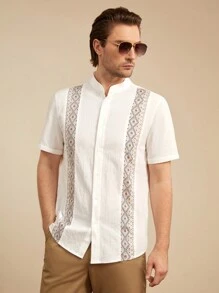 HIMLAND 男式幾何印花短袖襯衫 - 白色 - 查看 1