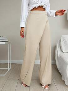 EURMUSE Women's Wrapped Design Straight Long Pants - Beige - View 4