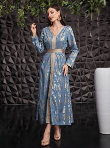 Al Najma 女性優雅v領連衣裙 - 藍色 - 查看 4