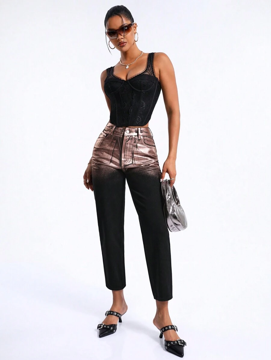 SHEIN BAE Quần jean Với Màu sắc thay đổi dần Và Nghiêng Túi - màu đen - Xem 1