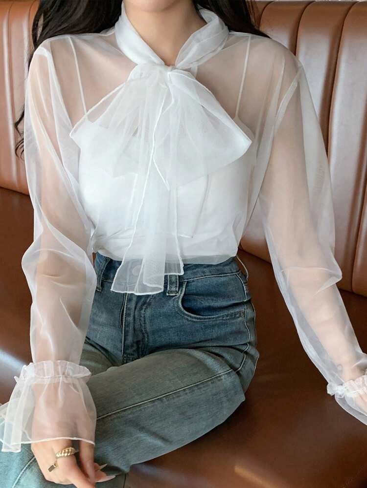 Blusa de mujer con mangas con volantes de malla de gasa, parte superior para salir, con volantes transparentes, ropa de vuelta al colegio, blusa de manga larga