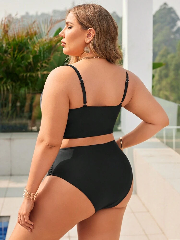 Plus Size Solid Color Bikini Set With Drawstring Detail Summer