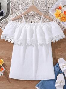 Teen Girl Solid Color Lace Top - White - View 2