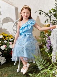 SHEIN Young Girls' Double Layer Ruffle Trim Top And Embroidered Mesh Overlay Skirt Set - Blue - View 4