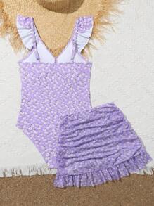 少女印花泳裝,前面設有空心設計和荷葉邊細節,折疊側邊的裙裝泳裝,2入組