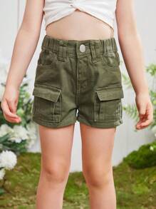 Girls' Cute Casual Green Simple Denim Shorts - Army Green - View 1