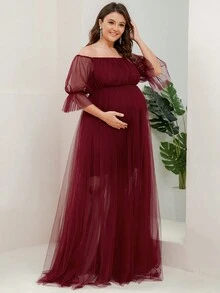 Maternity Chiffon Off-The-Shoulder Waist Elegant Dress, For Party - Burgundy - View 3