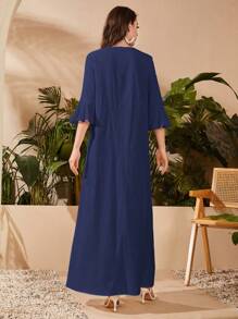 Al Najma Floral Embroidered Flare Sleeve Dress - Navy Blue - View 2