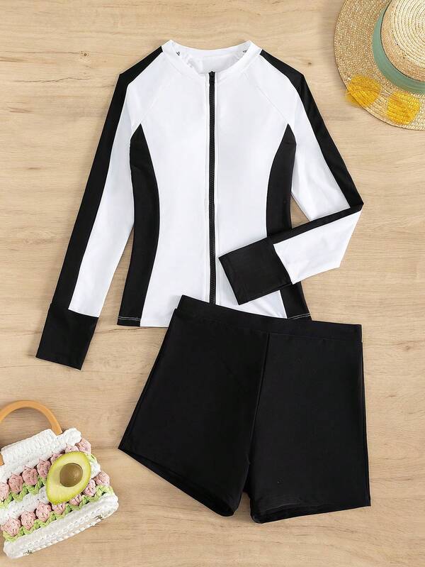 Colorblock Zipper Front Rashguard With Long Sleeve Summer Beach
