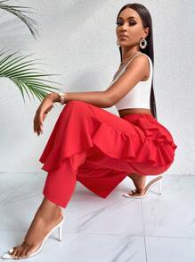 SHEIN Slayr Pantalones rojos para mujer con banda ancha en la cintura y voluminoso ribete de volantes - Rojo - Ver 5