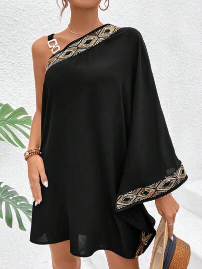 Breezaya Asymmetrical Collar Women's Geometric Printed Straight Dress With Patchwork Design Vacation Beach Outfit