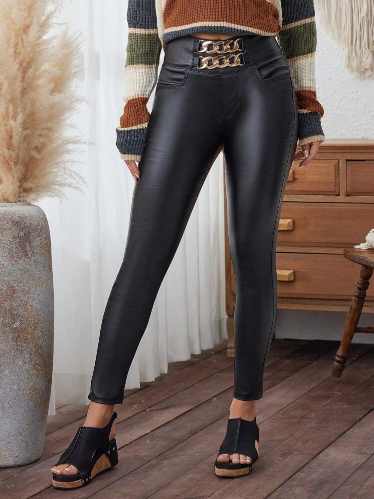 Women Fashion Slim Chain Decorated Solid Color Long Trousers Fall Cloth For Women