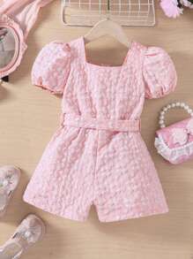 Young Girl Elegant Pink Weaved Texture Romper With Puff Sleeves, Square Neckline, Half Front Opening & Buttons, Waist Belt And Bow Tie, Spring/Summer - Pink - View 2