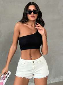 CasuGlow 100%Cotton Solid Color Frayed Hem Denim Shorts - White - View 3