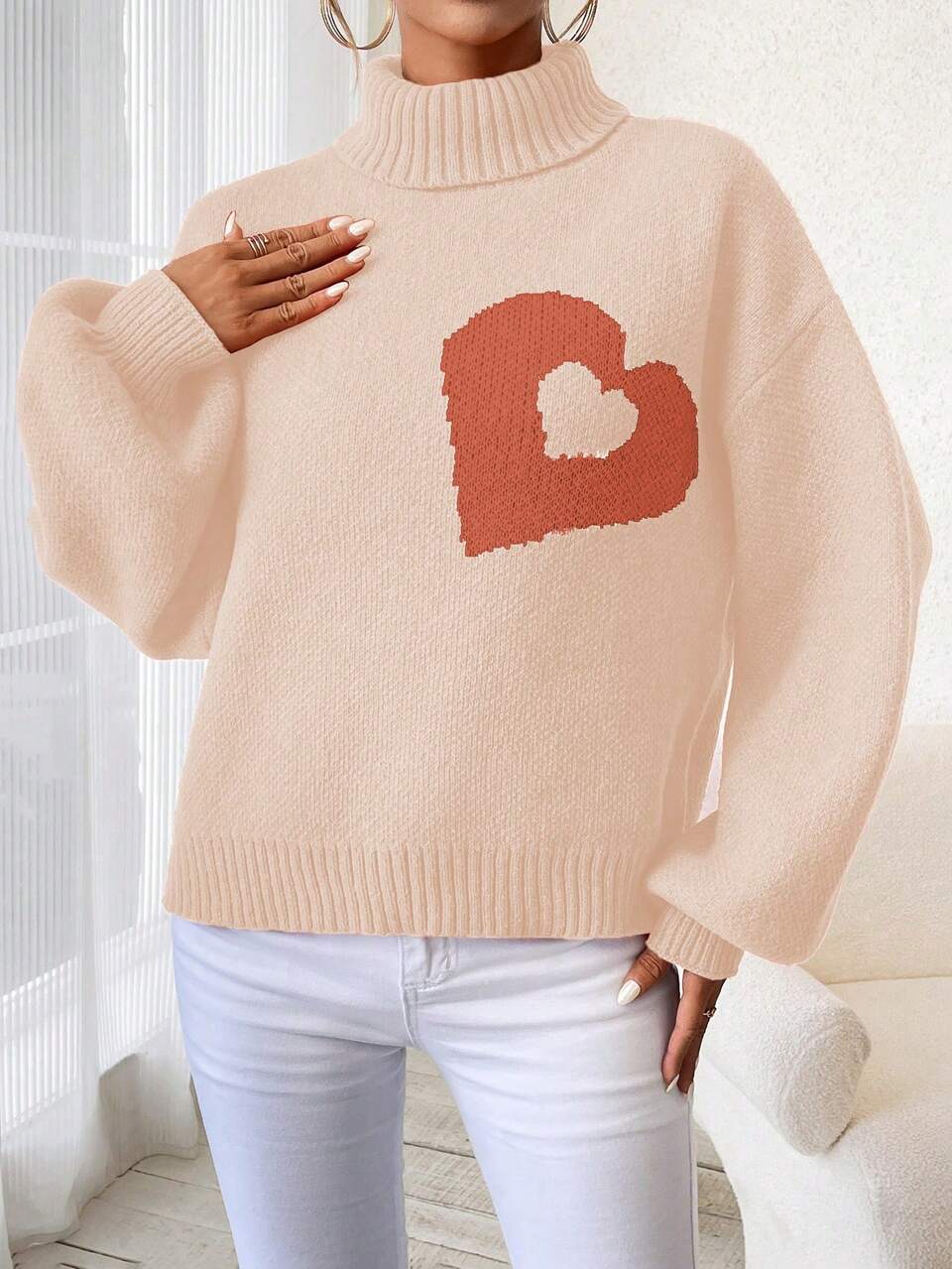 Women's Casual Turtleneck Heart Pattern Drop Shoulder Sweater, Knit Pullover Fall Winter