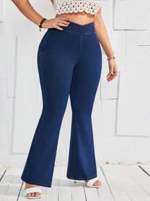 SHEIN LUNE 大尺碼女裝高腰喇叭褲 - 藍色 - 查看 3