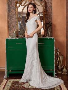 White Netted Yoke Lace Mermaid Wedding Dress - White - View 6