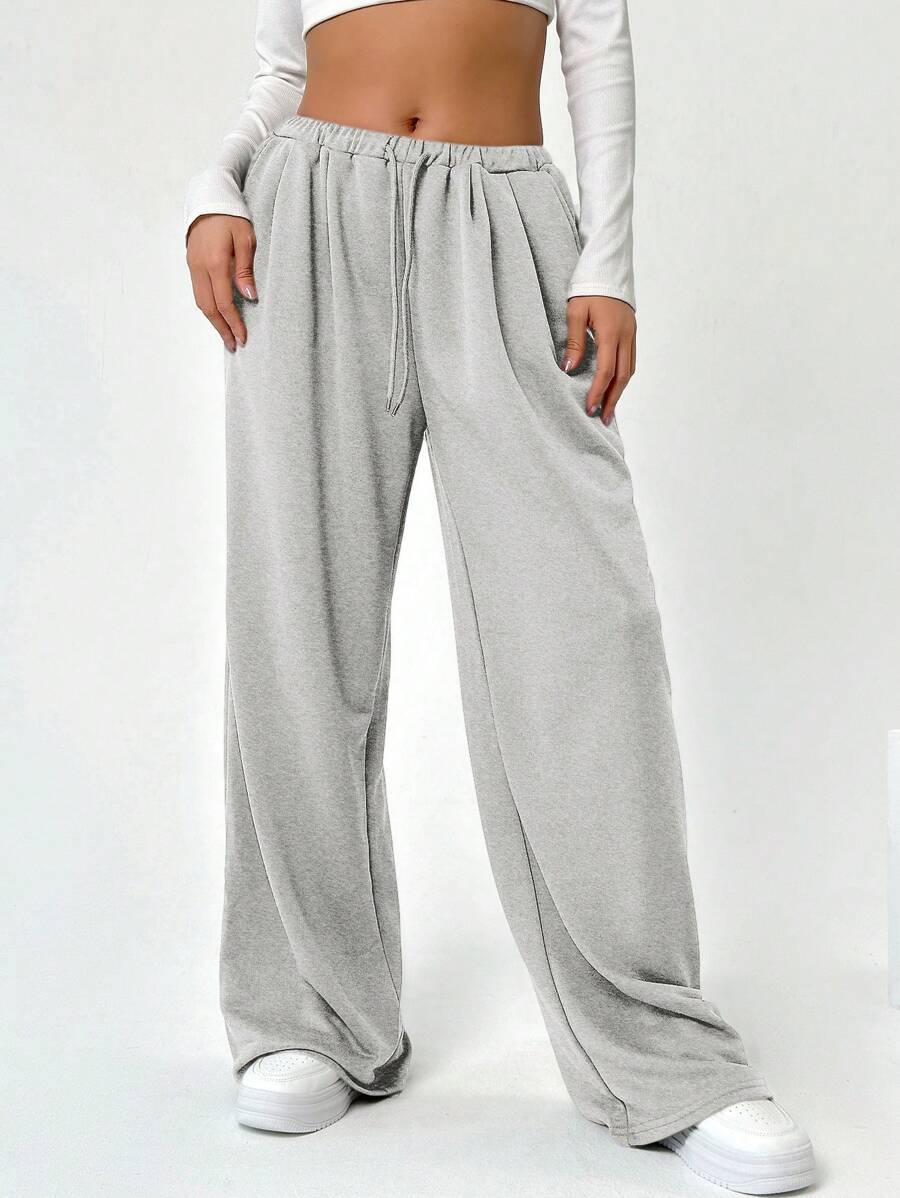 SHEIN EZwear Của phụ nữ Màu thuần Eo đàn hồi Dây rút Quần thể thao - Xám - Xem 1
