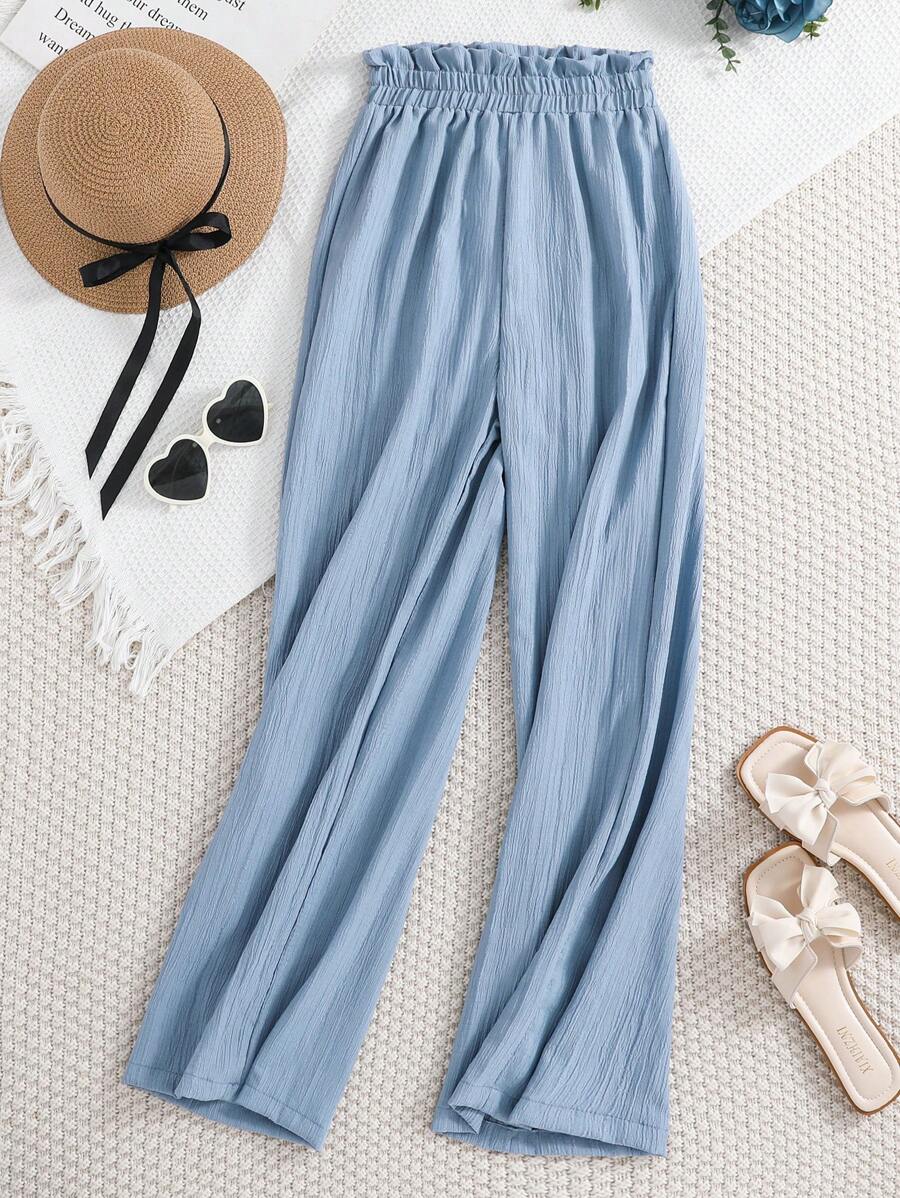 Teen Girls' Solid Color Bud-Waist Pants - Baby Blue - View 1