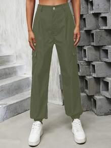 SHEIN Unity 女款休閒慢跑褲,附袖口,工裝風格 - 軍綠色 - 查看 5