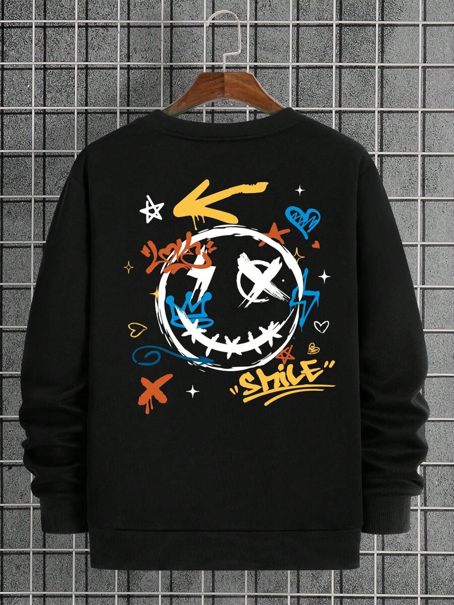 Sudadera Gráfica De Graffiti Emoji Para Hombres - Negro - Ver 1