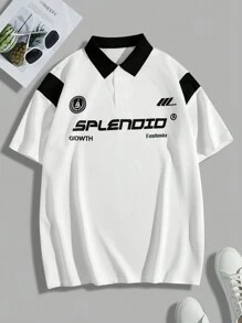 Manfinity Roghcode 男士短袖字母印花拼色半扣 Polo 衫 - 黑與白 - 查看 1