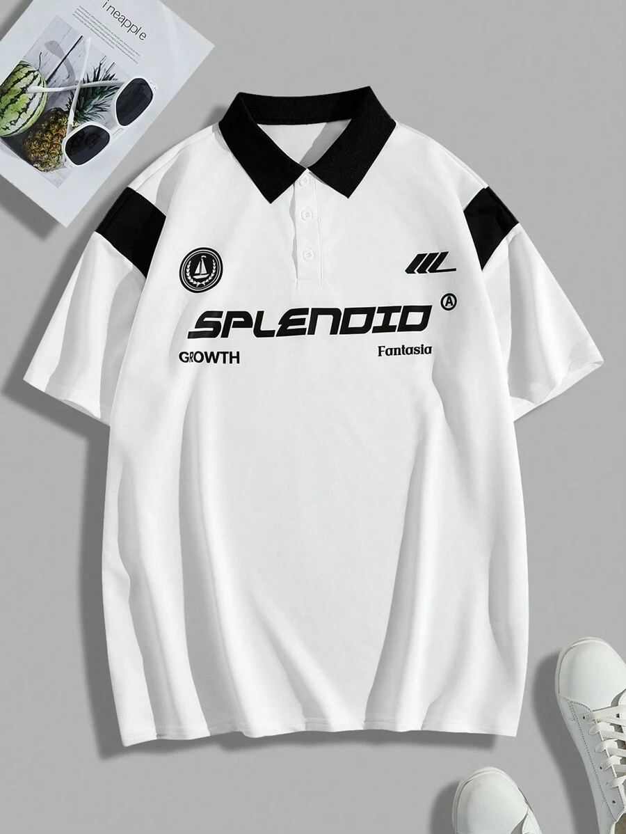 Manfinity Roghcode 男士短袖字母印花拼色半扣 Polo 衫 - 黑與白 - 查看 1