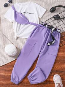 Tween Girls' Slogan And Heart Printed Round Neck Short Sleeve T-Shirt With Cargo Pants 2pcs/Set - Purple - View 1