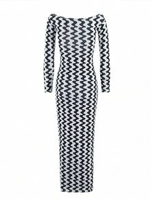 Vestido Con Hombros Descubiertos, Mangas Largas Y Dobladillo Ondulado Sin Espalda - Blanco y Negro - Ver 2