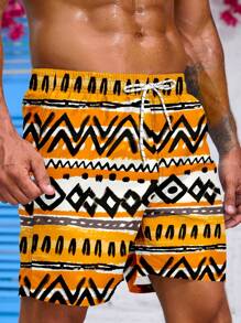 男士幾何印花束口腰海灘短褲 - 黃色 - 查看 4