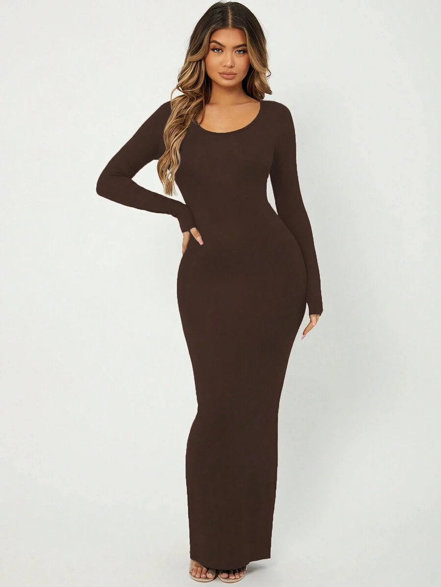 RueChic Solid Scoop Neck Bodycon Dress - Brown - View 1
