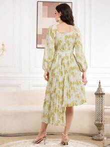 Modelyn Vestido largo de noche con estampado floral, cuello corazón, mangas farol y bajo asimétrico