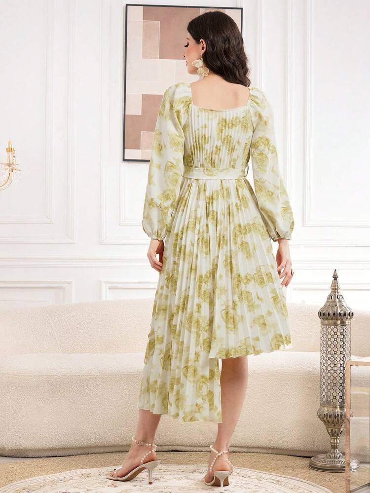 Women's Floral Printed Sweetheart Collar Lantern Sleeve Asymmetrical Hem Dress Long Evening Dresses Fall Cloth For Women