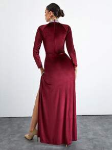 RueChic Women's Rhinestone Decoration Split Suede Dress - Burgundy - View 2