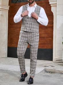 Manfinity Mode Conjunto De Traje De Cuadros De Doble Botonadura De Talla Grande Para Hombres - Gris - Ver 1