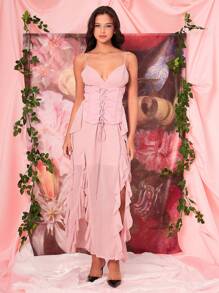 Ruffle Trim Split Thigh Cami Dress - Baby Pink - View 1