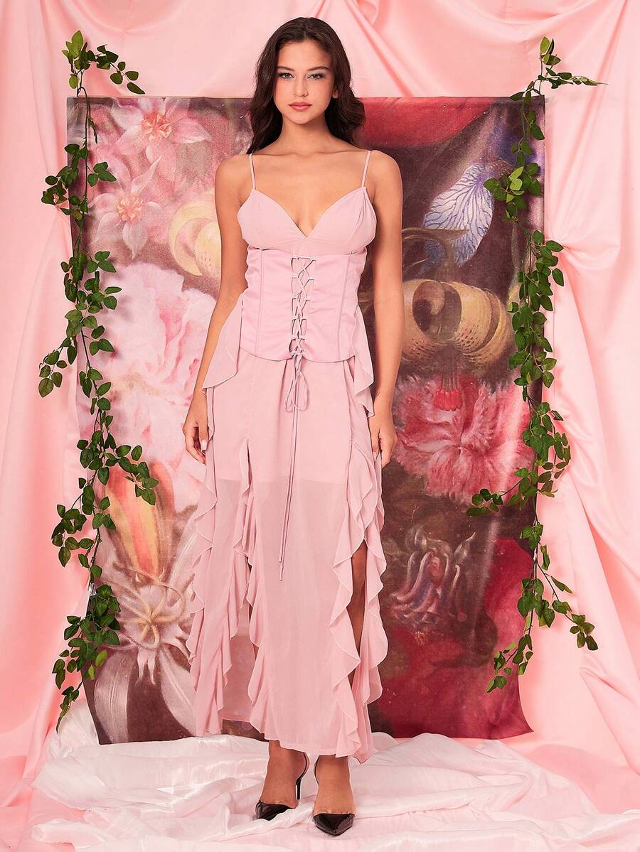 Ruffle Trim Split Thigh Cami Dress - Baby Pink - View 1