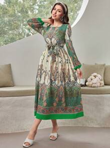 Mulvari Full Print Lantern Sleeve Belted Dress - Multicolor - View 4