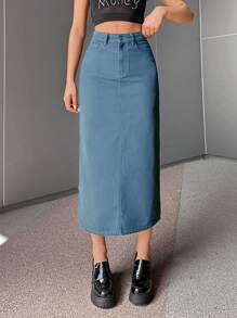 EURMUSE Women's Long Denim Skirt With Back Slit - Medium Wash - View 1