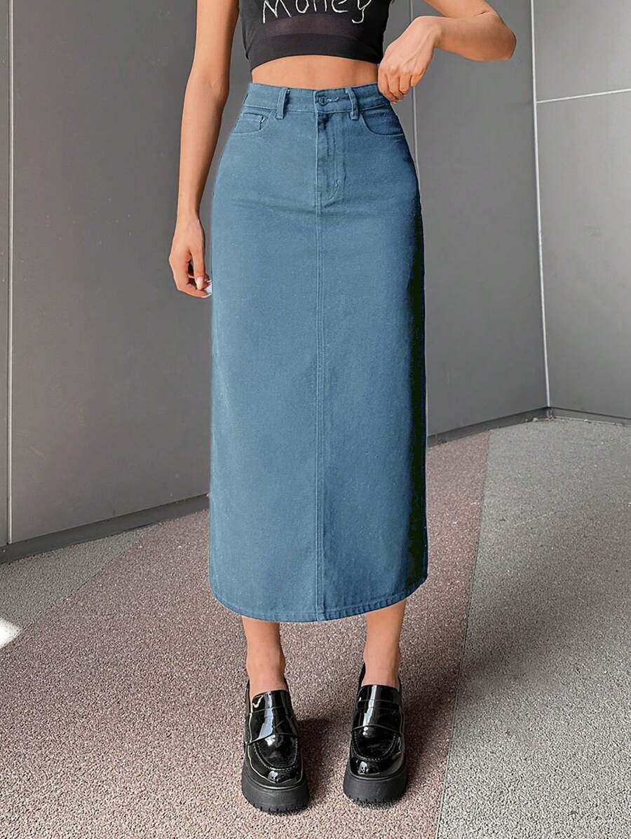 EURMUSE Women's Long Denim Skirt With Back Slit - Medium Wash - View 1