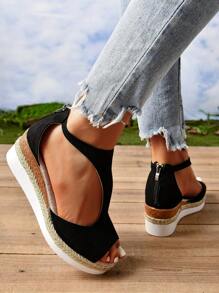 大码女式新款纯色后拉链复古罗马风格轻便厚底凉鞋 - 黑色 - 查看 2