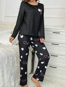 Heart And Letter Print Long Sleeve Pajama Set, Fall Winter Clothes - Black - View 3