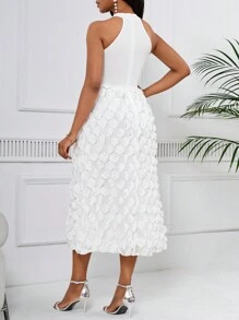 SHEIN Lady 女式無袖露背a字裙,3d裝飾 - 白色 - 查看 2